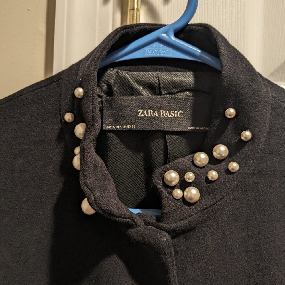 Zara Pearl Black Velvet Pea Coat Blazer Fitted Long Jacket Size M - Picture 4 of 5